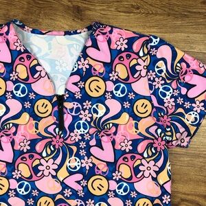 JDM Multicolor Smiley Face Peace Signs Scrubs Top Work Uniform
